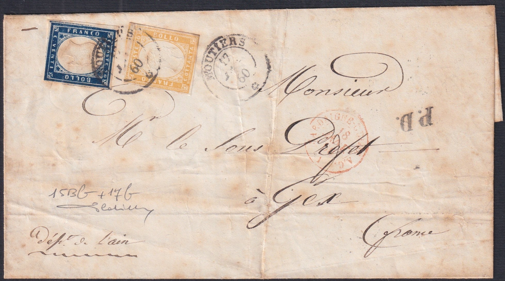 BA26_270 - 1861 - Lettera spedita da Moutiers per Gex 17/1/60 affrancata con c. 20 indaco oltremare + c. 80 ocra arancio (15Bb + 17b)