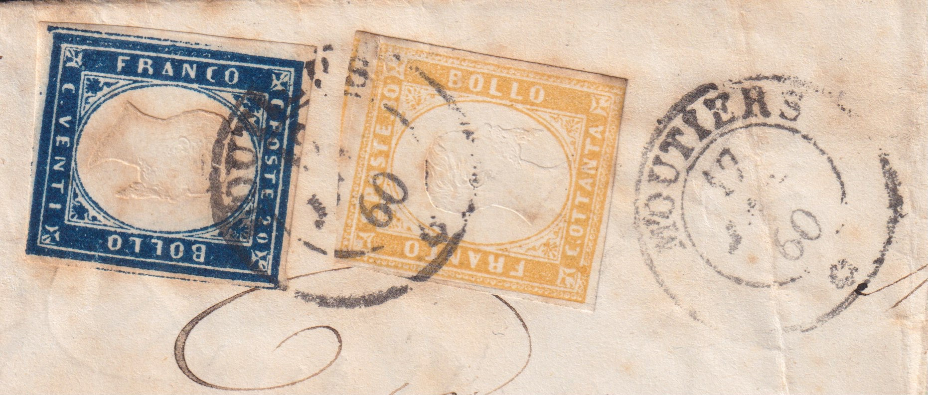 BA26_270 - 1861 - Lettera spedita da Moutiers per Gex 17/1/60 affrancata con c. 20 indaco oltremare + c. 80 ocra arancio (15Bb + 17b)