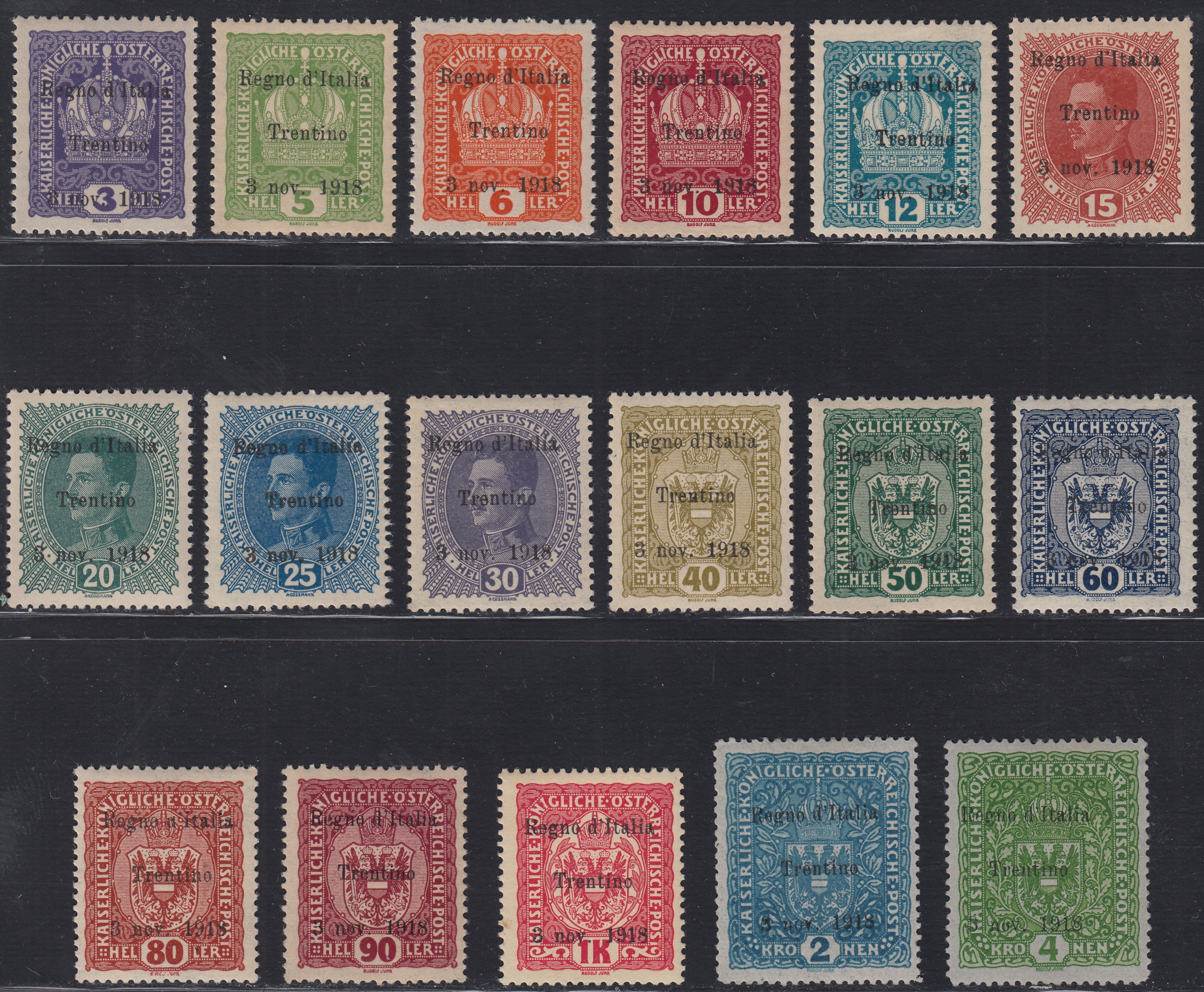 BA26_278 - 1918 - Francobolli d'Austria soprastampati "Regno d'Italia / Trentino / 8 nov. 1918", serie completa di 17 valori nuovi gomma integra (1/17)