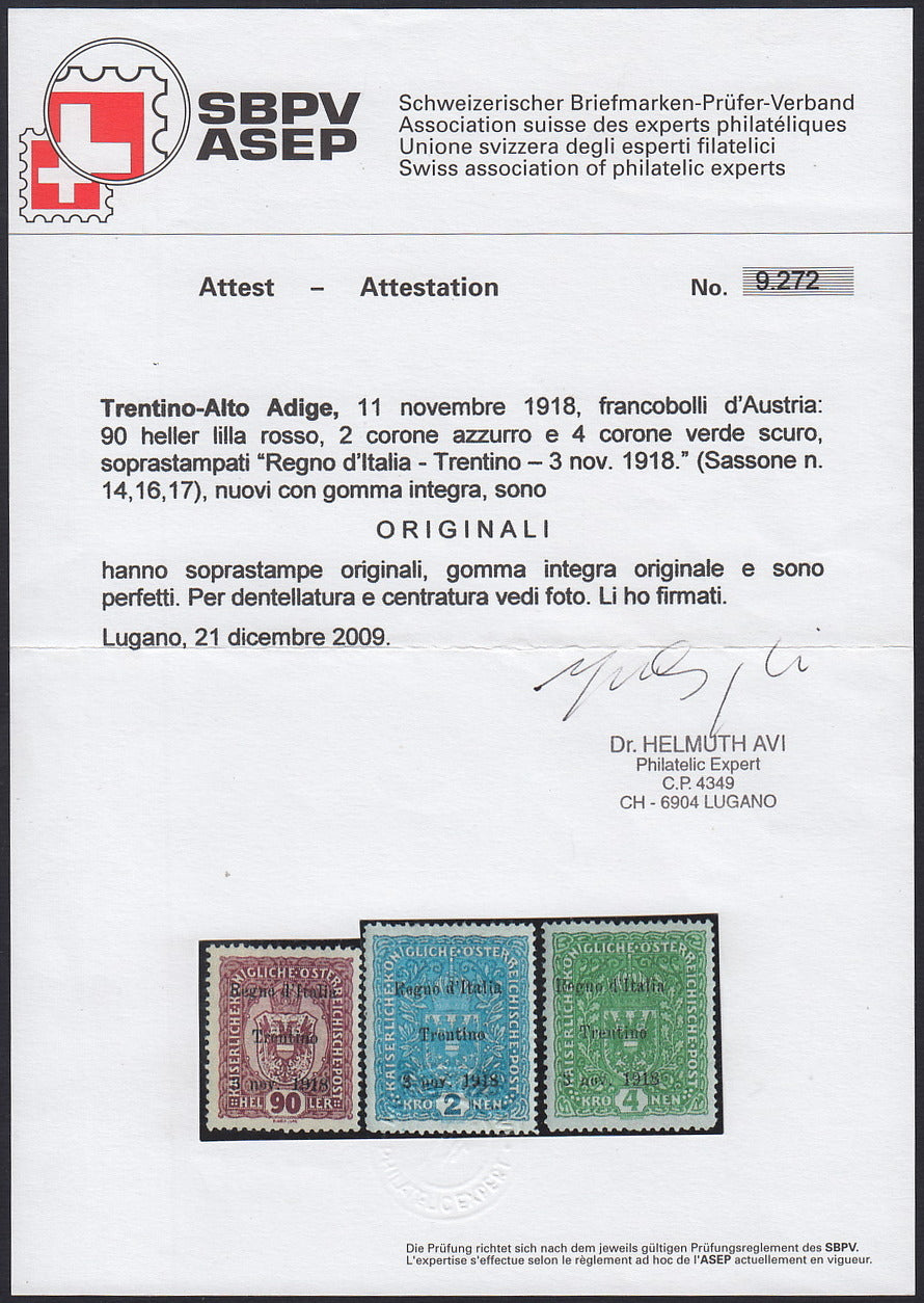 BA26_278 - 1918 - Francobolli d'Austria soprastampati "Regno d'Italia / Trentino / 8 nov. 1918", serie completa di 17 valori nuovi gomma integra (1/17)