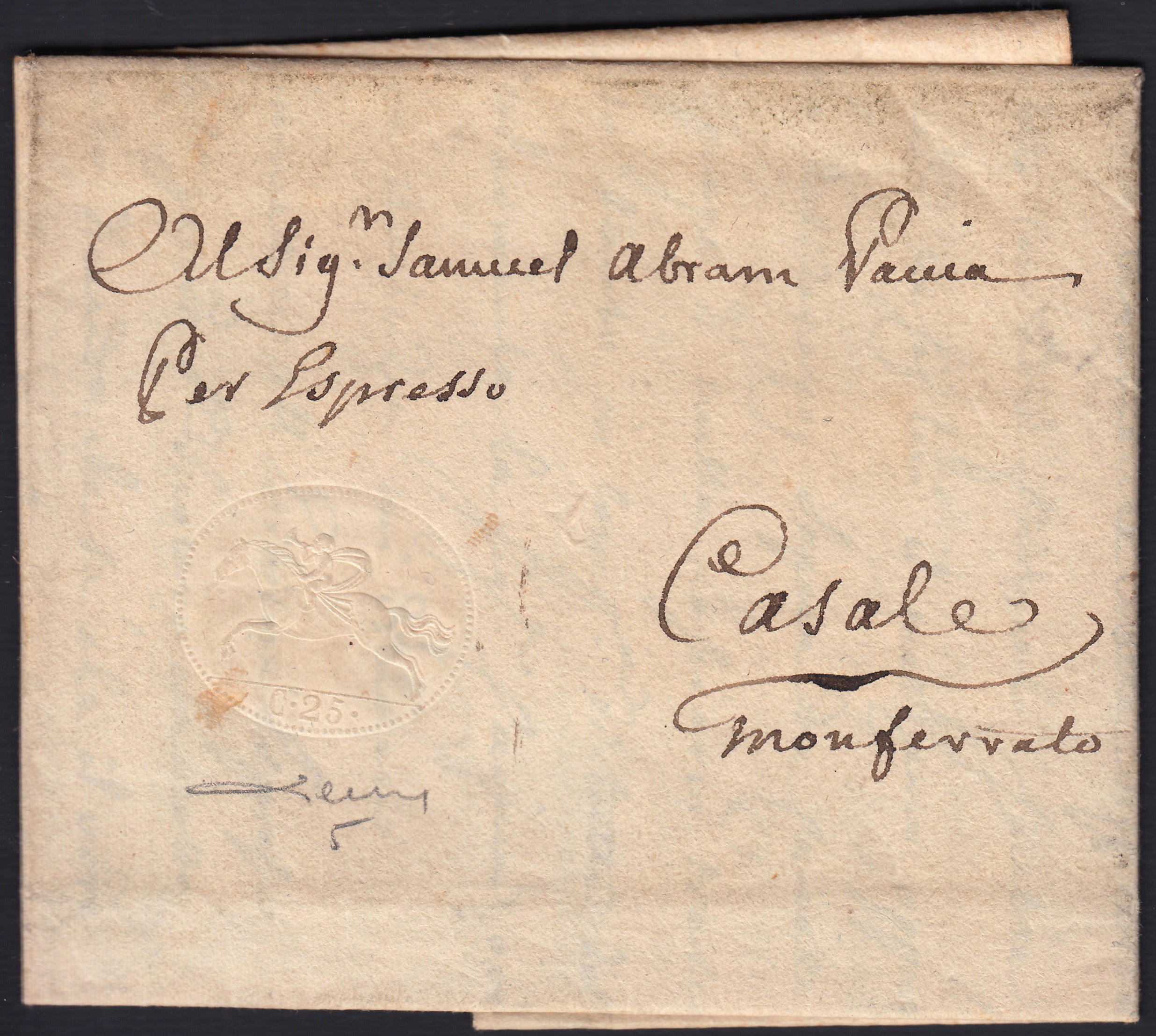 BA26_3 - 1820 - Cavallini, emissione definitiva c. 25 a secco (senza piega) su lettera da Chieri per Casale 4/10/22 (5)