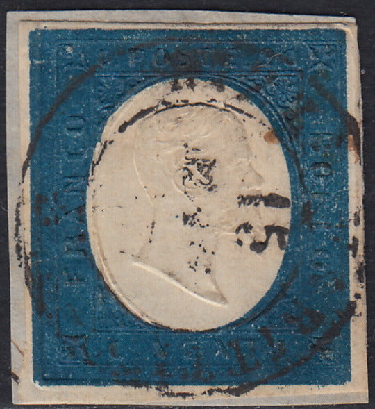 1860 - 1/2 tornese azul oscuro llamado "Croce di Savoia" utilizado en el periódico IL PAESE del 1/1/1861 (16b)