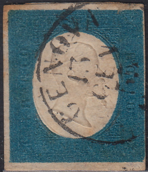 1860 - 1/2 tornese azul oscuro llamado "Croce di Savoia" utilizado en el periódico IL PAESE del 1/1/1861 (16b)