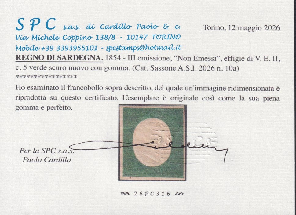 BA26_48 - 1854/55 - III emissione, "non emessi", c. 5 verde scuro nuovo con gomma originale (10a)