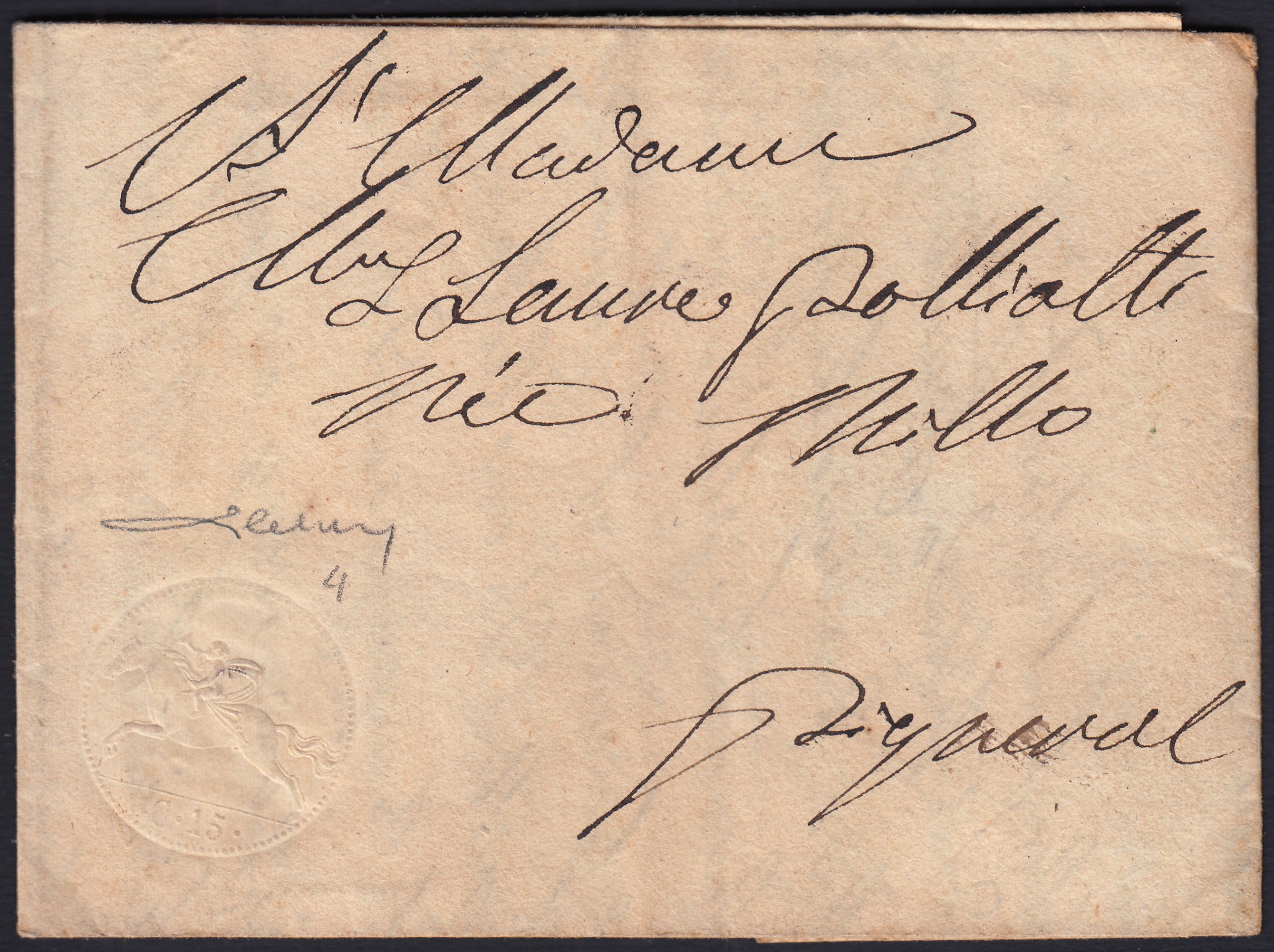 BA26_4 - 1820 - Cavallini, emissione definitiva c. 15 a secco (senza piega) su lettera diretta a Vignale nel 1823 (4)