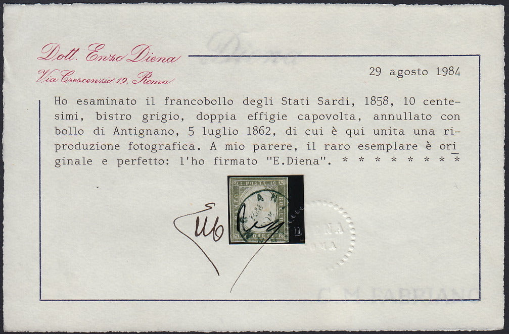 BA26_57 - 1861 - IV emissione c.10 grigio bistro chiaro I tavola effigie capovolta usato (14Cc).