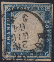 BA26_58 - 1861 - IV emissione c. 20 celeste grigiastro II tavola effigie capovolta usato a BOLOGNA (15Db, varietà)