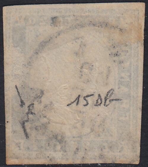 BA26_58 - 1861 - IV emissione c. 20 celeste grigiastro II tavola effigie capovolta usato a BOLOGNA (15Db, varietà)