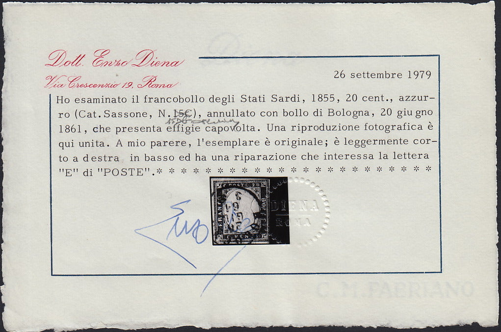 BA26_58 - 1861 - IV emissione c. 20 celeste grigiastro II tavola effigie capovolta usato a BOLOGNA (15Db, varietà)