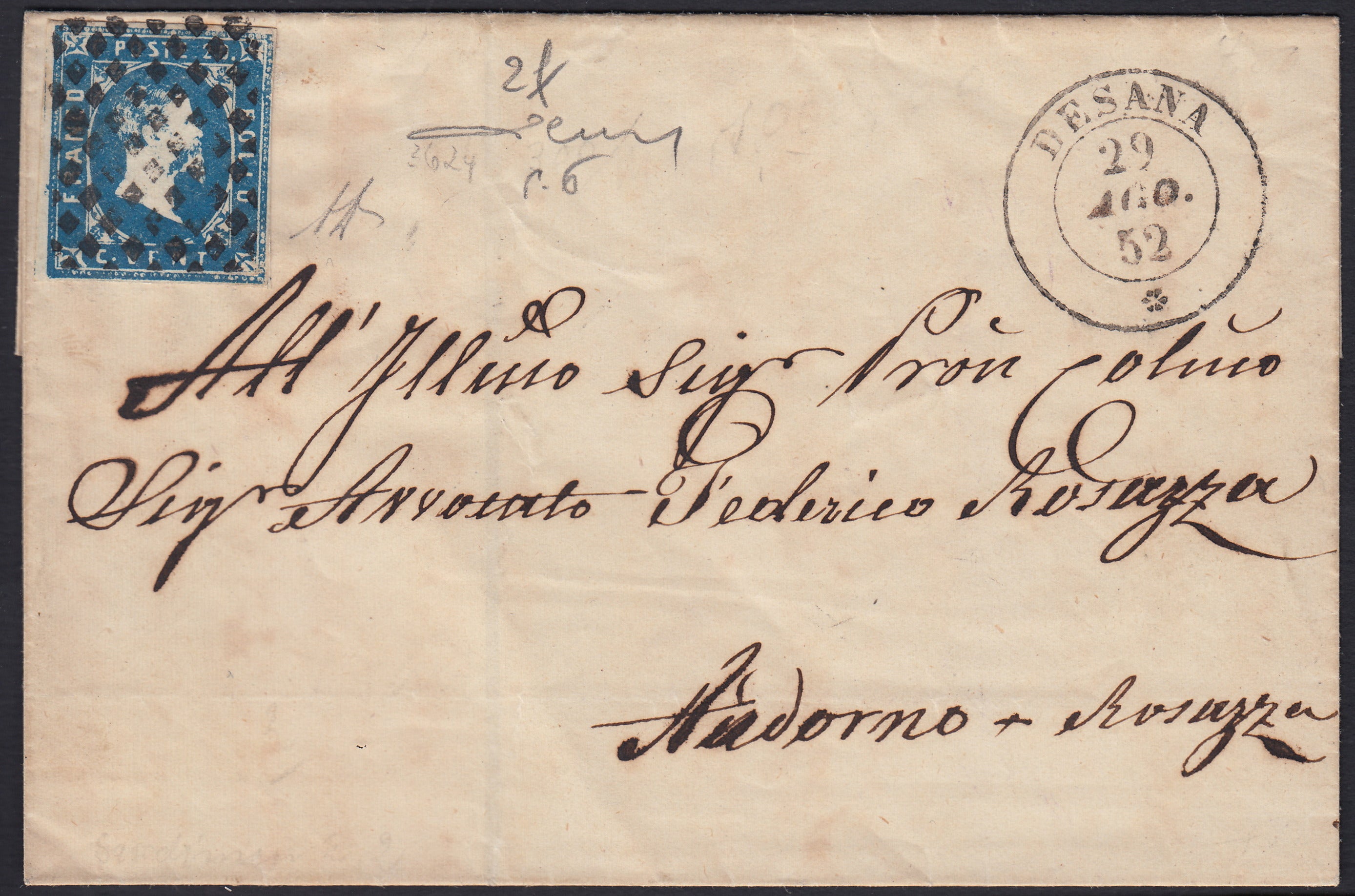 BA26_5 - 1852 - I emissione c. 20 azzurro chiaro su lettera spedita da Desana per Andorno 29/8/52 (2f, p.ti 6)