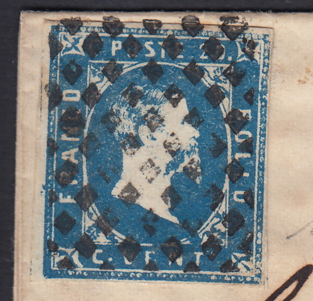 BA26_5 - 1852 - I emissione c. 20 azzurro chiaro su lettera spedita da Desana per Andorno 29/8/52 (2f, p.ti 6)