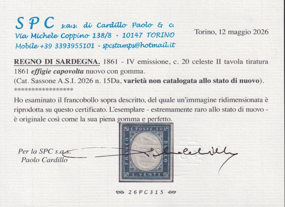 BA26_60 - 1861 - IV emissione c. 20 celeste II tavola effigie capovolta nuovo con gomma (15Da).