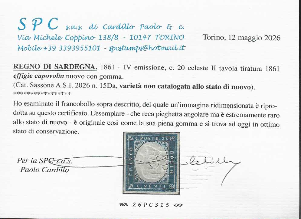 BA26_60 - 1861 - IV emissione c. 20 celeste II tavola effigie capovolta nuovo con gomma (15Da).
