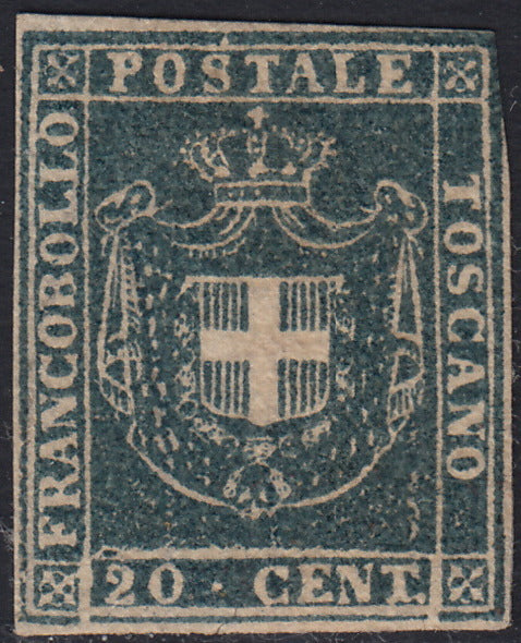 BA26_71 - 1860 - Scudo di Savoia sormontato da Corona Reale, 20 centesimi azzurro grigio nuovo con gomma originale, estremamente raro (20b)