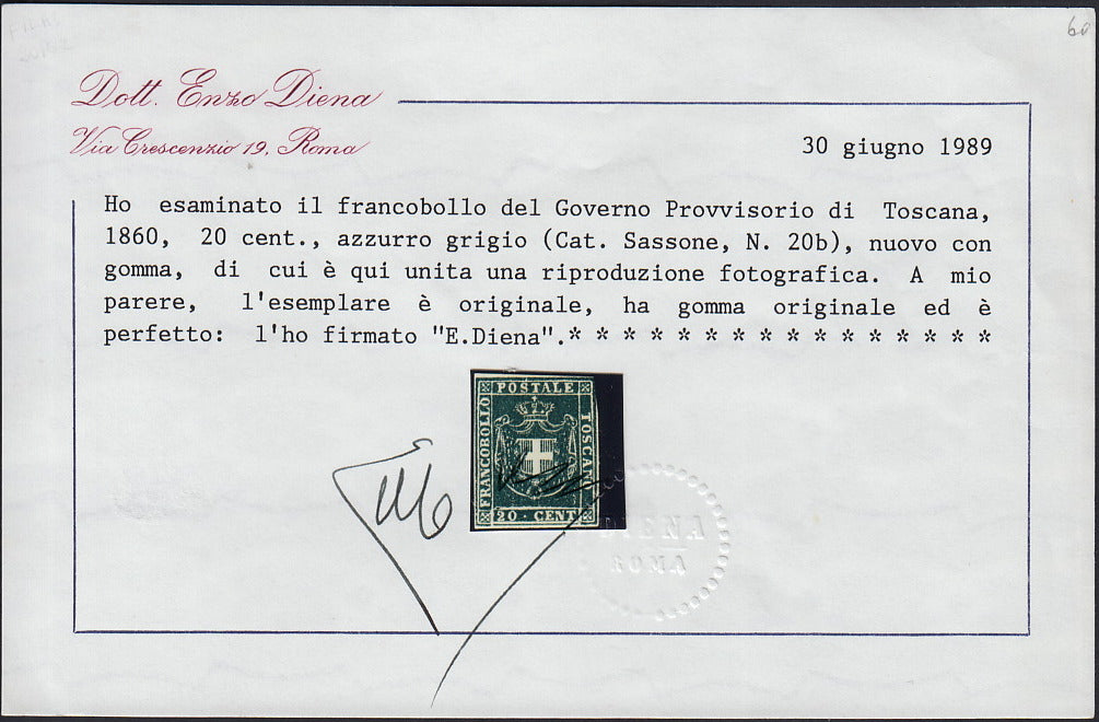 BA26_71 - 1860 - Scudo di Savoia sormontato da Corona Reale, 20 centesimi azzurro grigio nuovo con gomma originale, estremamente raro (20b)