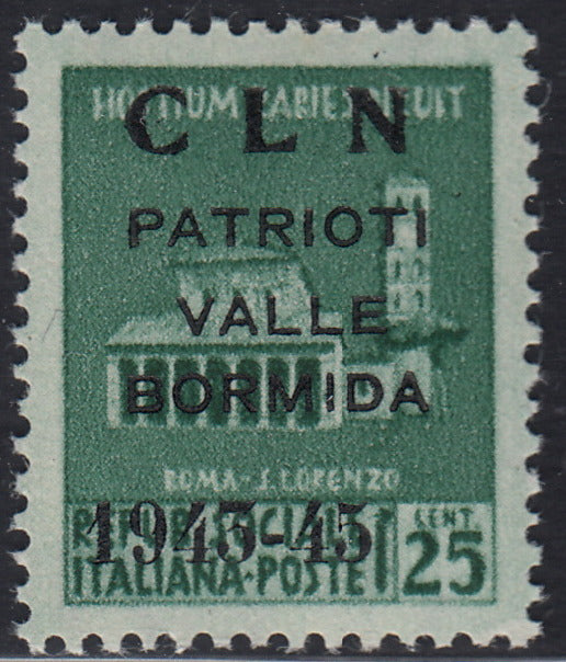 BA26_81 - Monumenti distrutti, c.25 verde smeraldo con soprastampa "CLN / PATRIOTI / VALLE / BORMIDA / 1943-45" nuovo gomma integra (8/I)