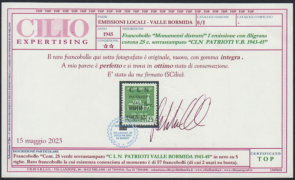 BA26_81 - Monumenti distrutti, c.25 verde smeraldo con soprastampa "CLN / PATRIOTI / VALLE / BORMIDA / 1943-45" nuovo gomma integra (8/I)