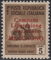 BA26_82 - 1945 - Maccagno, c. 5 bruno con soprastampa carminio "Comitato Liberazione Nazionale MACCAGNO" nuovo con gomma integra (1)