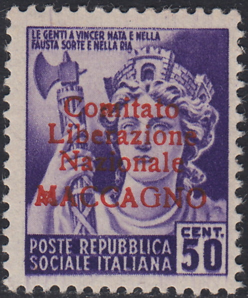 BA26_83 - 1945 - Maccagno, c. 50 violetto con soprastampa carminio "Comitato Liberazione Nazionale MACCAGNO" nuovo con gomma integra (3)