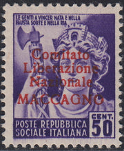 BA26_84 - 1945 - Maccagno, c. 50 violetto con soprastampa carminio "Comitato Liberazione Nazionale MACCAGNO" nuovo con gomma integra (3)
