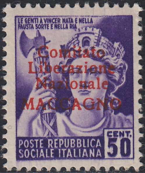 BA26_85 - 1945 - Maccagno, c. 50 violetto con soprastampa carminio "Comitato Liberazione Nazionale MACCAGNO" nuovo con gomma originale (3)