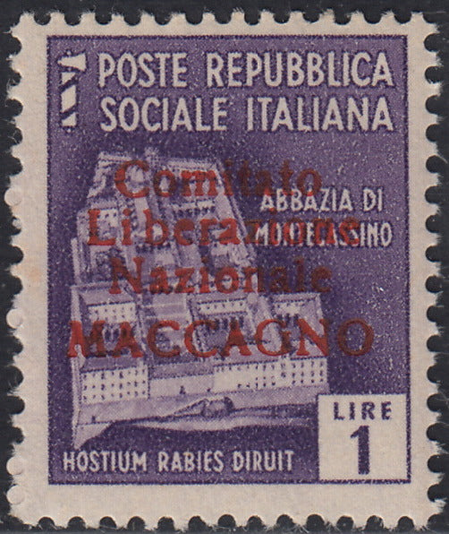 BA26_92 - 1945 - Maccagno, L. 1 violetto con soprastampa carminio "Comitato Liberazione Nazionale MACCAGNO" nuovo con gomma integra (5)