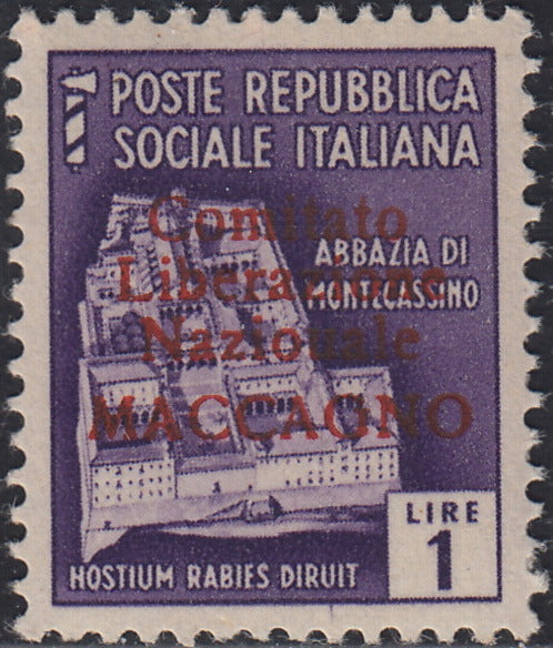 BA26_93 - 1945 - Maccagno, L. 1 violetto con soprastampa carminio "Comitato Liberazione Nazionale MACCAGNO" nuovo con gomma integra (5)