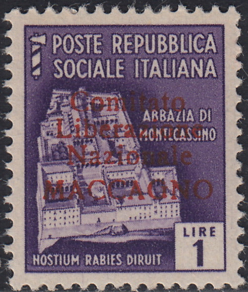 BA26_94 - 1945 - Maccagno, L. 1 violetto con soprastampa carminio "Comitato Liberazione Nazionale MACCAGNO" nuovo con gomma integra (5)
