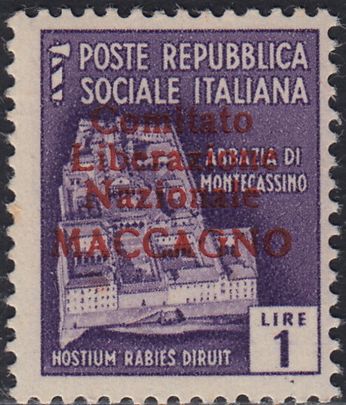 BA26_95 - 1945 - Maccagno, L. 1 violetto con soprastampa carminio "Comitato Liberazione Nazionale MACCAGNO" nuovo con gomma integra (5)