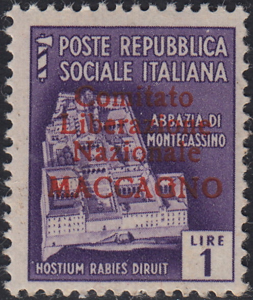 BA26_95 - 1945 - Maccagno, L. 1 violetto con soprastampa carminio "Comitato Liberazione Nazionale MACCAGNO" nuovo con gomma integra (5)