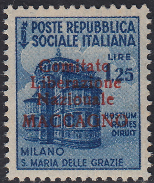 BA26_98 - 1945 - Maccagno, L. 1,25 azzurro con soprastampa carminio "Comitato Liberazione NazioUale MACCAGNO" nuovo con gomma integra (6b)