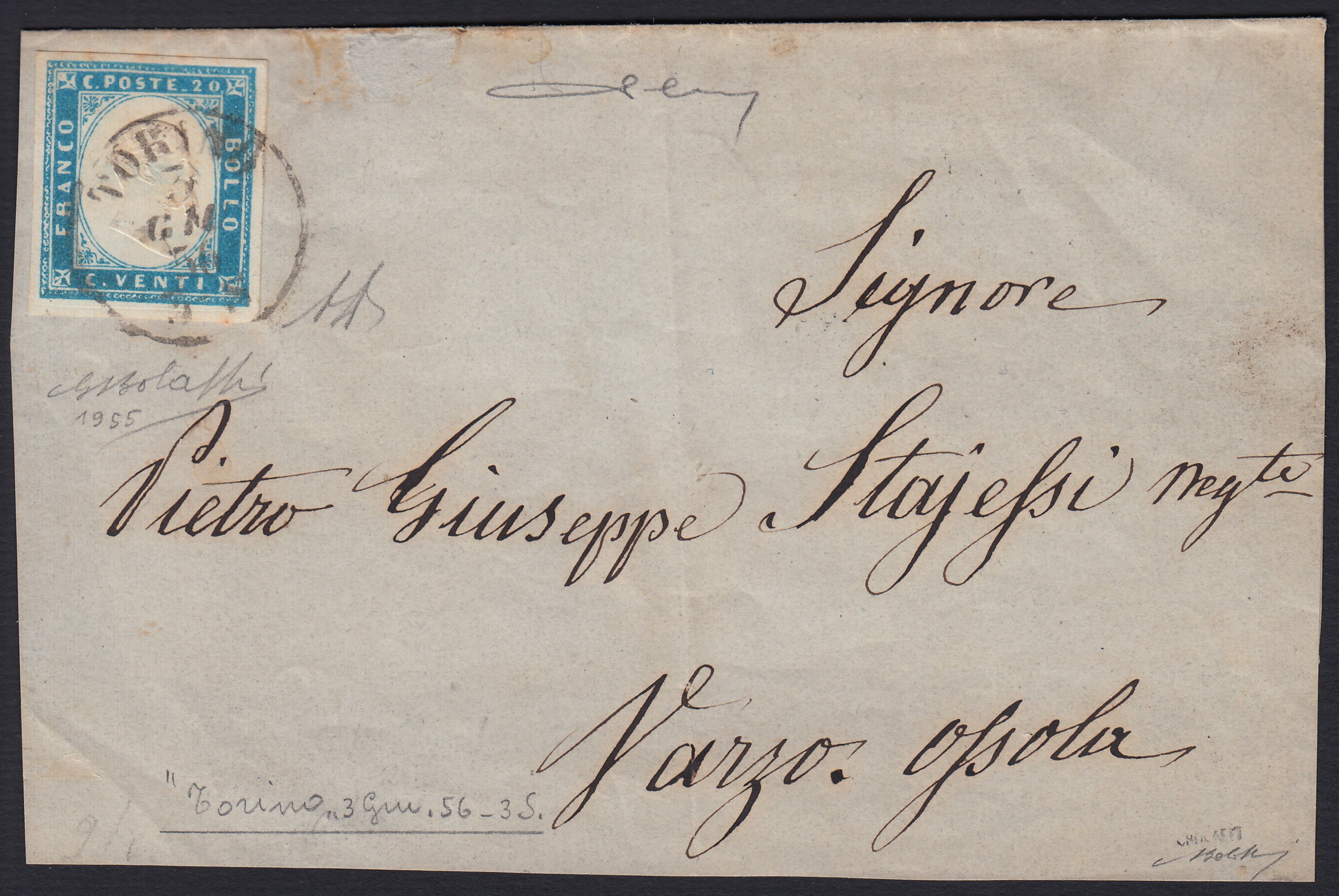 BA26_9 - 1856 - IV emissione c. 20 cobalto I tavola su lettera da Torino per Varso Ossola 3/6/56 (15)