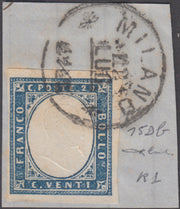 BM20_221 - 1861 - IV emissione c. 20 celeste grigiastro II tavola usato MILANO  con sbarra sotto il mese e senza anno (15Db, p.ti R1)