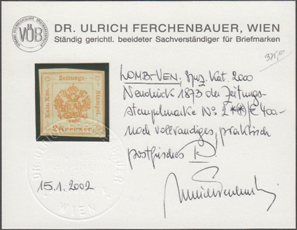 BM20_481 - 1873 - Segnatasse per giornali, 2kr. rosso ristampa ufficiale nuova con gomma (R32)