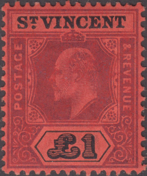BO25_135 - British Colonies, St. Vincent, Edward VII 1 pound red and black, mint with full gum (SG no. 93)