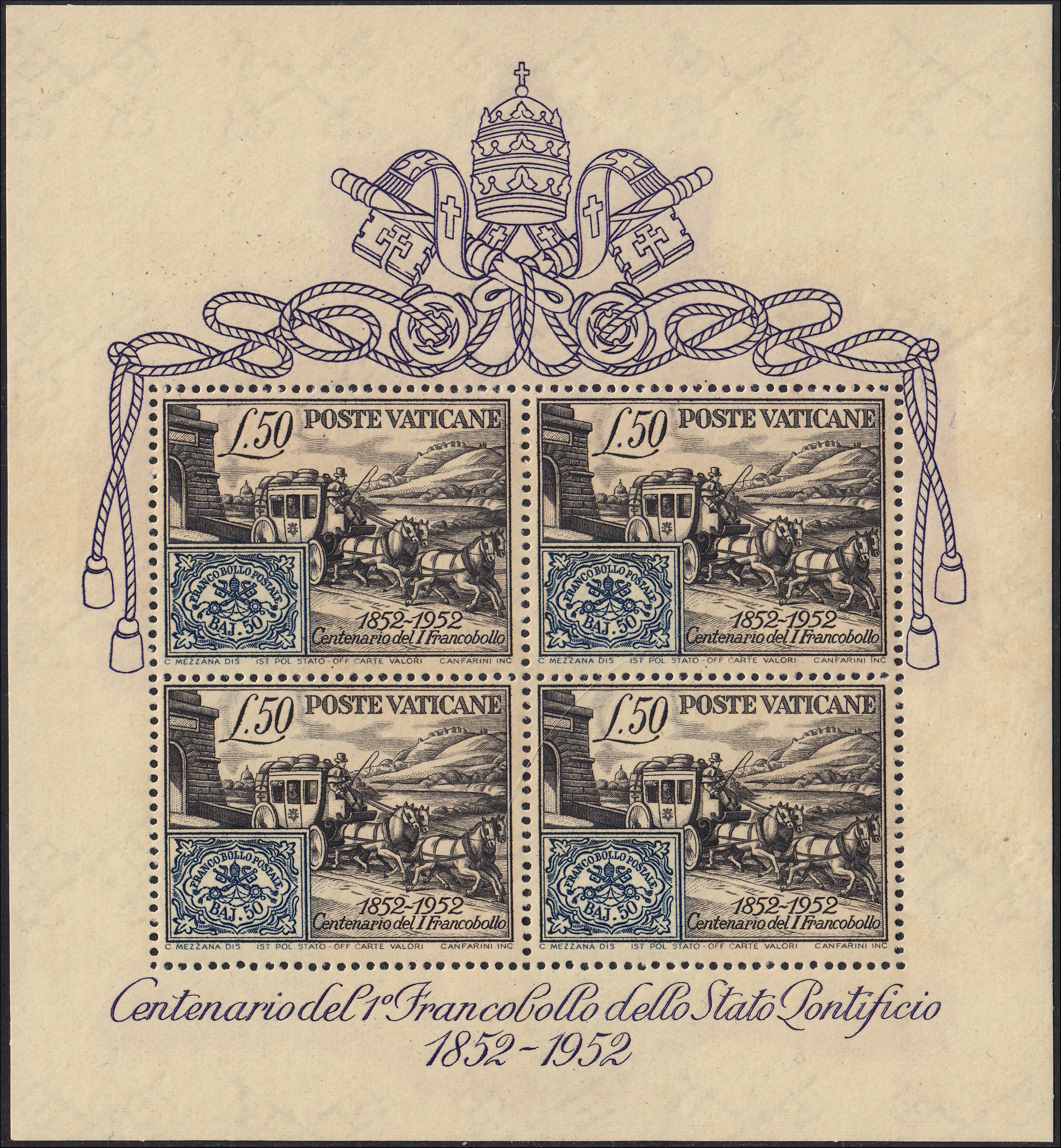 BM20_635 - 1952 - Centenario dei primi francobolli dello Stato Pontificio, foglietto di 4 valori da L. 50 nero e azzurro nuovo gomma integra (F1)