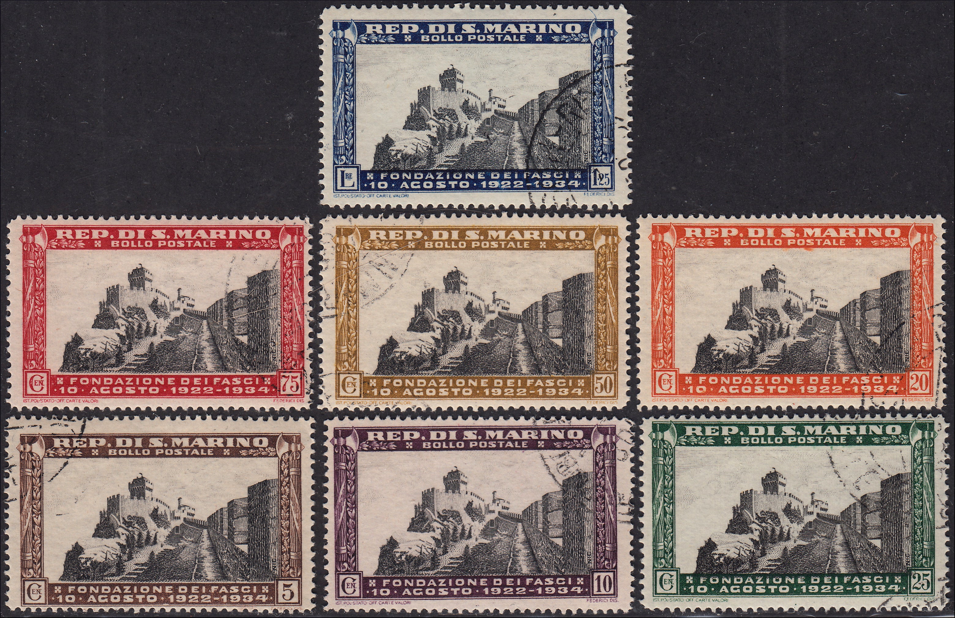 BM20_680 - 1935 - 12° anniversario della fondazione del Fascio di San Marino, serie completa di 7 valori usata (186/192)