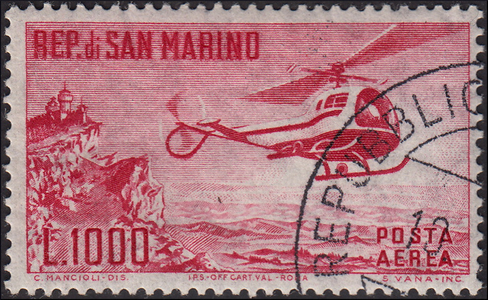 BM20_683 - 1961 - Posta Aerea, Elicottero, lire 1000 rosso usato (138).