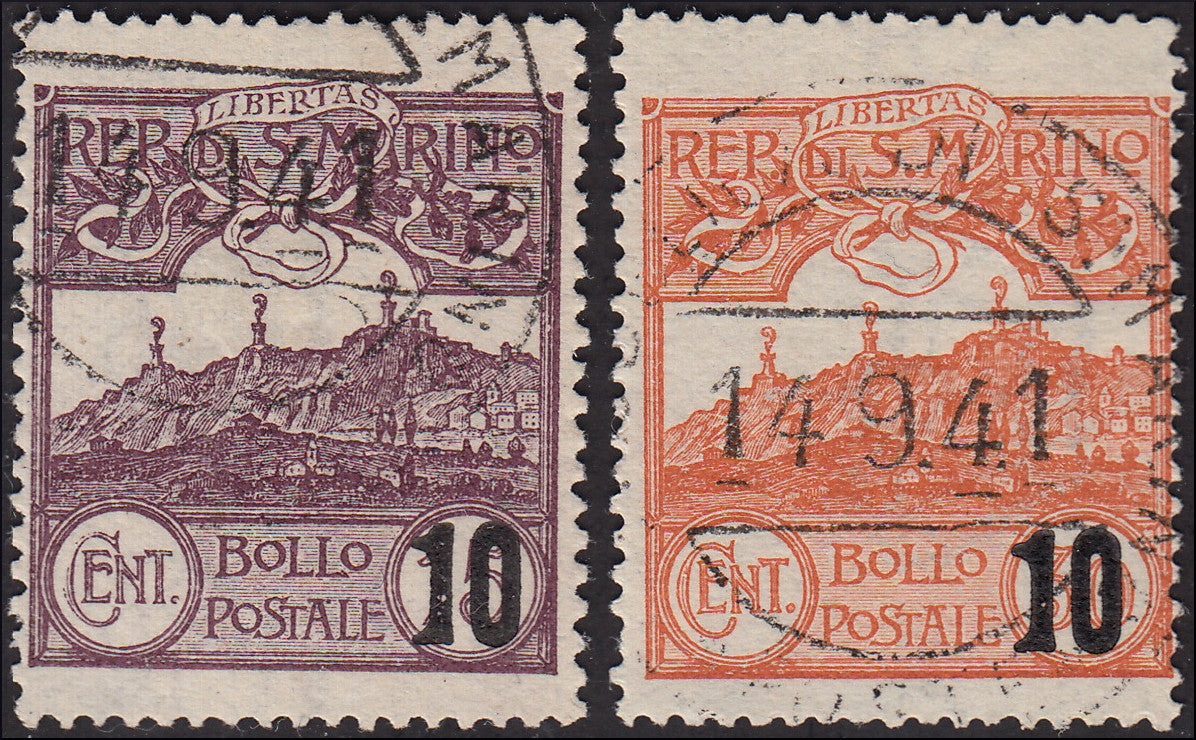 BM20_684 - 1941 - Veduta di San Marino del 1925 soprastampata con nuovo valore da c. 10, due esemplari usati (213, 214)