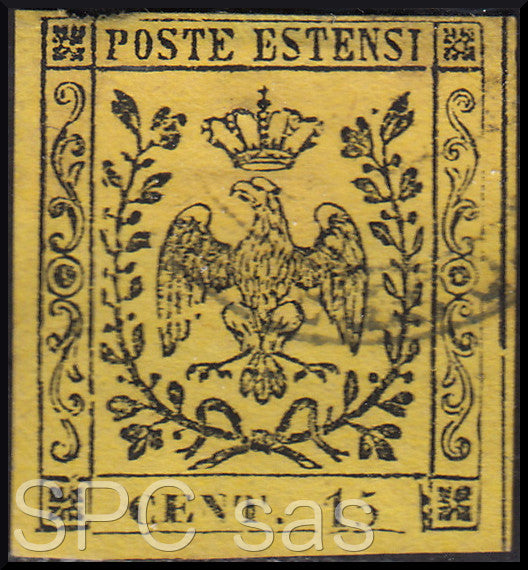 BO17_96 - 1852 - Aquila estense, emissione senza punto dopo la cifra, c. 15 giallo usato (3)