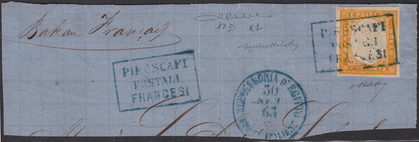 BO21-36 1863 - IV issue, c. 80 deep orange on a large fragment of a letter from Alexandria in Egypt, used with STEAMERS / POSTALS / FRENCH folder in unique light blue (17D, points R1)