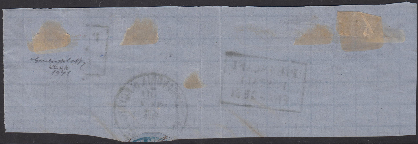 BO21-36 1863 - IV emissione, c. 80 arancio carico su grande frammento di lettera da Alessandria d'Egitto, usato con cartella PIROSCAFI / POSTALI / FRANCESI in azzurro unico annullatore (17D, p.ti R1)