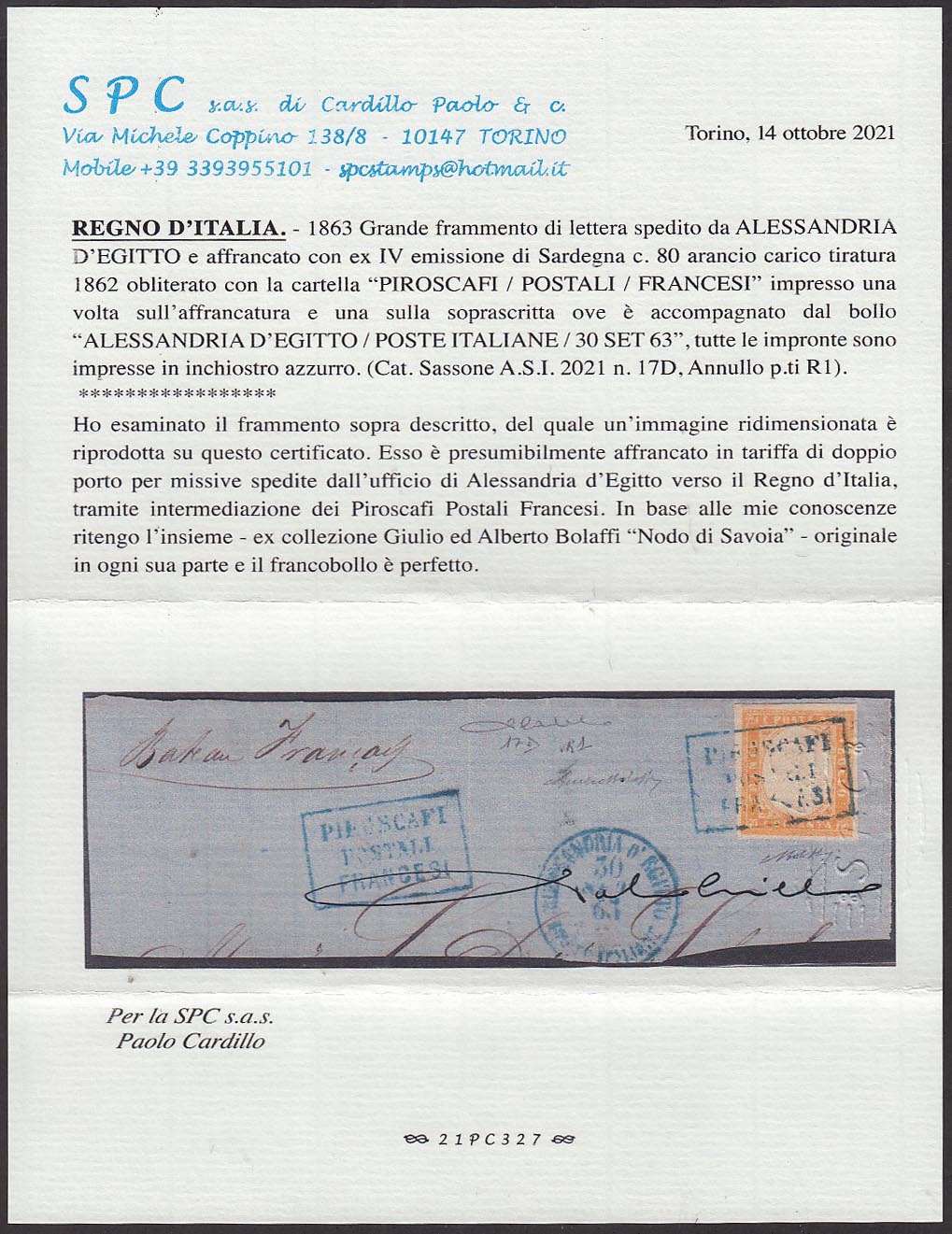 BO21-36 1863 - IV issue, c. 80 deep orange on a large fragment of a letter from Alexandria in Egypt, used with STEAMERS / POSTALS / FRENCH folder in unique light blue (17D, points R1)