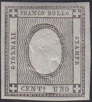 BO21_58 - 1861 - Stampati, c. 1 grigio nero esemplare senza cifra ma con impressione dell'effigie sovrana nuovo con gomma integra, così detto "sperimentale" (19S).