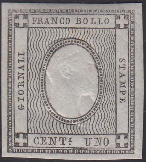BO21_58 - 1861 - Stampati, c. 1 grigio nero esemplare senza cifra ma con impressione dell'effigie sovrana nuovo con gomma integra, così detto "sperimentale" (19S).