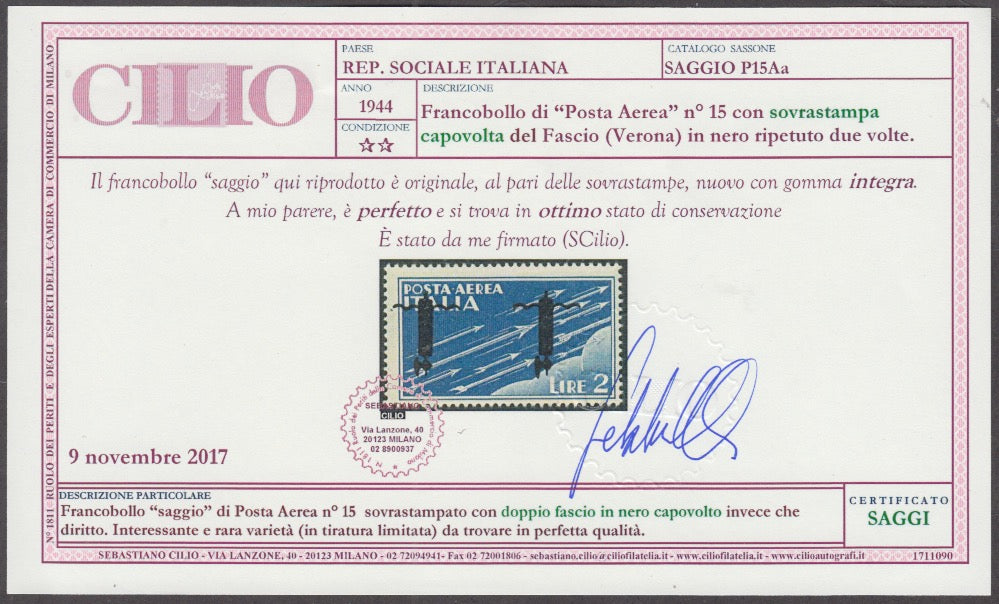 RSI Overprint essays, Posta Aerea L. 2 light blue with double overprint inverted band in black (P15Aa)
