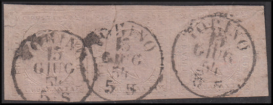 BO22-64 - 1853, II issue c. 40 light pink strip of three copies used Turin 15/6/54 (6).