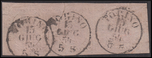 BO22-64 - 1853, II emissione c. 40 rosa chiaro striscia di tre esemplari usata Torino 15/6/54 (6).