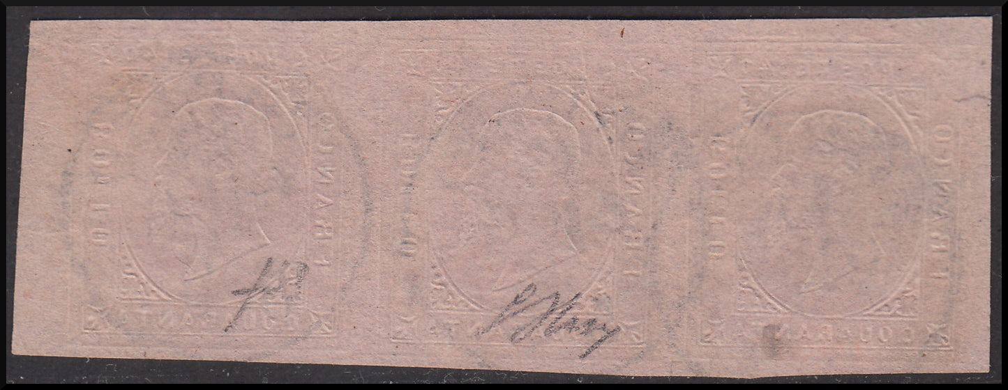 BO22-64 - 1853, II issue c. 40 light pink strip of three copies used Turin 15/6/54 (6).