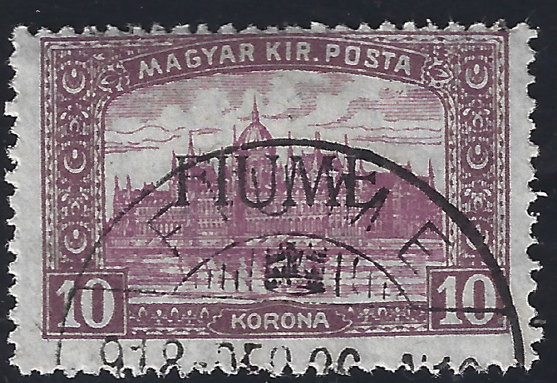 BO23-13 - 1918 - Francobollo d'Ungheria tipo Parlamento, 10 korona bruno lilla e lilla con soprastampa FIUME a mano del III tipo, usato (21/III)